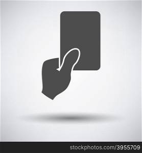 Soccer referee hand with card icon on gray background with round shadow. Vector illustration.. Soccer referee hand with card icon