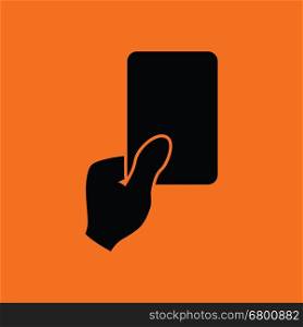 Soccer referee hand with card icon. Orange background with black. Vector illustration.