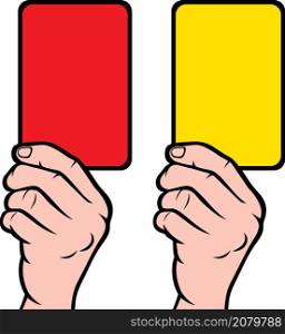 Soccer referees hand with red and yellow card vector illustration