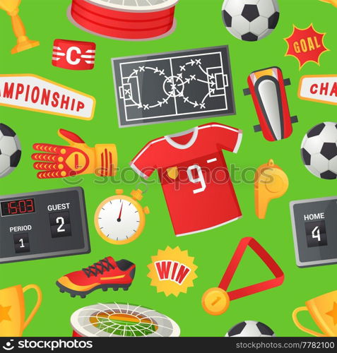 Soccer seamless pattern, sport football vector banner. Uniform and awards isolated on white, scoreboard and stadium, stopwatch whistle, gate ticket, ball penalty field, clothes and shoes, team ch&ionship. Soccer seamless pattern, sport football vector banner. Uniform and awards isolated, team ch&ionship