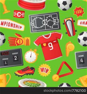 Soccer seamless pattern, sport football vector banner. Uniform and awards isolated on white, scoreboard and stadium, stopwatch whistle, gate ticket, ball penalty field, clothes and shoes, team ch&ionship. Soccer seamless pattern, sport football vector banner. Uniform and awards isolated, team ch&ionship