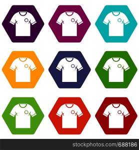Soccer shirt icon set many color hexahedron isolated on white vector illustration. Soccer shirt icon set color hexahedron