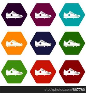 Soccer shoe icon set many color hexahedron isolated on white vector illustration. Soccer shoe icon set color hexahedron