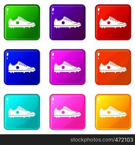 Soccer shoe icons of 9 color set isolated vector illustration. Soccer shoe icons 9 set