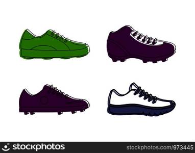 Soccer shoes icon set. Color outline set of soccer shoes vector icons for web design isolated on white background. Soccer shoes icon set, color outline style