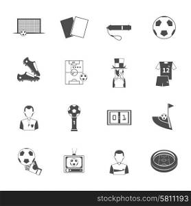Soccer sport black icons set with referee umpire whistle and goalkeeper glove abstract isolated vector isolated illustration. Editable EPS and Render in JPG format. Soccer icons set black