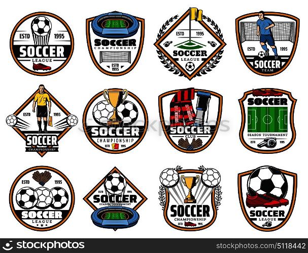 Soccer sport game championship label with football team match symbol. Football stadium with soccer ball, winner trophy cup and player, goal gate, play field and referee for sport club badge design. Soccer or football sport game championship label