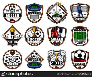 Soccer sport game championship label with football team match symbol. Football stadium with soccer ball, winner trophy cup and player, goal gate, play field and referee for sport club badge design. Soccer or football sport game championship label