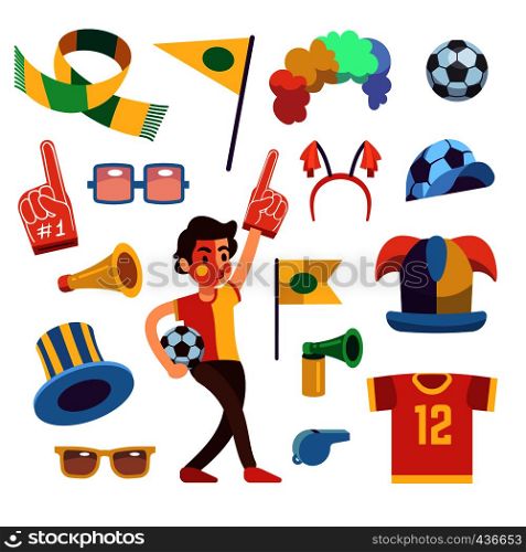 Soccer sports funs with tools to cheer team win. Cartoon vector set. Sport soccer and football cheering elements illustration. Soccer sports funs with tools to cheer team win. Cartoon vector set