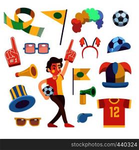 Soccer sports funs with tools to cheer team win. Cartoon vector set. Sport soccer and football cheering elements illustration. Soccer sports funs with tools to cheer team win. Cartoon vector set