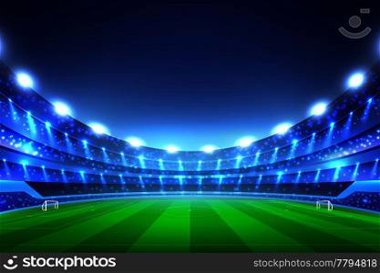 Soccer stadium perspective background with green lawn and white gates, tribunes with spotlights, blue sky vector illustration. Soccer Stadium Background