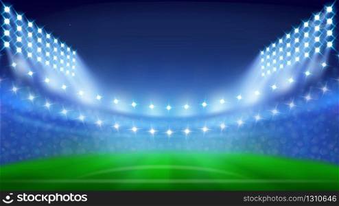 Soccer Stadium With Glowing Lamps In Night Vector. Blurred Stadium With Green Grass, Sitting Places And Illuminate Lights. Sportive Field For Playing Game Layout Realistic 3d Illustration. Soccer Stadium With Glowing Lamps In Night Vector