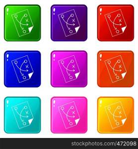 Soccer strategy icons of 9 color set isolated vector illustration. Soccer strategy icons 9 set