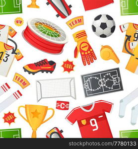 Soccer symbols set, sport football vector banner. Uniform and awards isolated on white, scoreboard and stadium, stopwatch whistle, gate ticket, ball penalty field, clothes and shoes, team championship. Soccer symbols set, sport football vector banner. Uniform and awards isolated, team championship