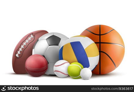 Soccer, volleyball, baseball and rugby equipment. Vector realistic collection of cricket, tennis and other sports objects isolated on white background. Balls for soccer, rugby, baseball and other sports