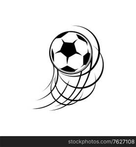 Soccerball on speed, championship or tournament, sport club symbol isolated monochrome icon. Vector sport equipment, soccer ball in move leaving trace, kick shoot sign. Football soccer tournament icon. Football soccer ball trace isolated goal kick icon