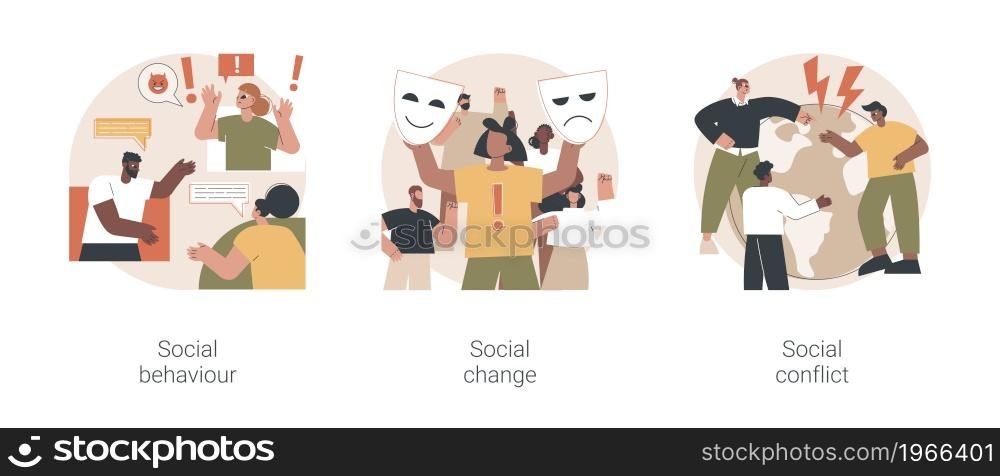 Social activity abstract concept vector illustration set. Social behaviour, public demonstration, collective protest, social conflict, school bullying, youth abuse, gang fighting abstract metaphor.. Social activity abstract concept vector illustrations.