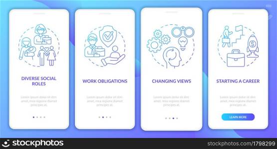 Social activity onboarding mobile app page screen. Personal development features walkthrough 4 steps graphic instructions with concepts. UI, UX, GUI vector template with linear color illustrations. Social activity onboarding mobile app page screen