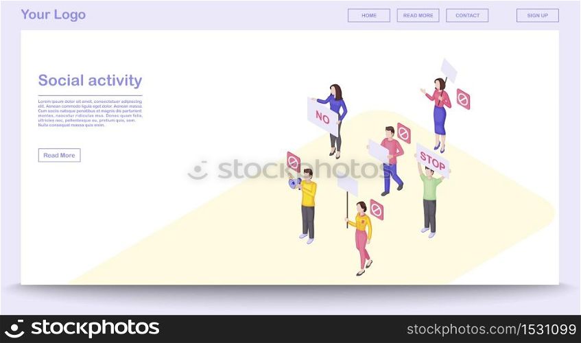 Social activity webpage vector template with isometric illustration. Website interface design. Meeting. Activists. Protest event 3d concept. Collective action. Demonstration isolated clipart. Social activity webpage vector template with isometric illustration