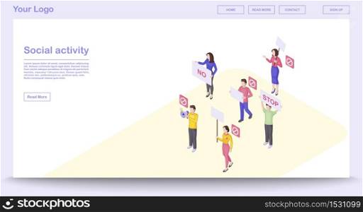 Social activity webpage vector template with isometric illustration. Website interface design. Meeting. Activists. Protest event 3d concept. Collective action. Demonstration isolated clipart. Social activity webpage vector template with isometric illustration