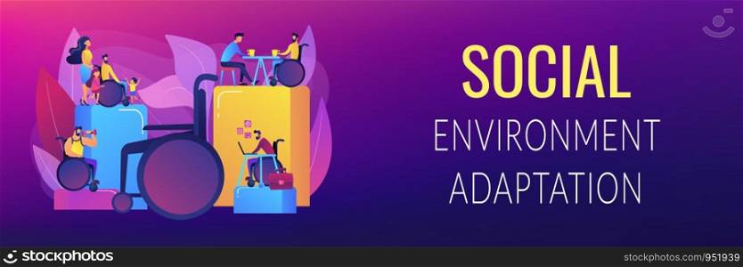 Social adjustment. People with special needs. Social adaptation of disabled people, social environment adaptation, social technologies concept. Header or footer banner template with copy space.. Social adaptation of disabled people concept banner header