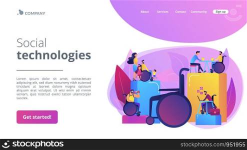 Social adjustment. People with special needs. Social adaptation of disabled people, social environment adaptation, social technologies concept. Website homepage landing web page template.. Social adaptation of disabled people concept landing page