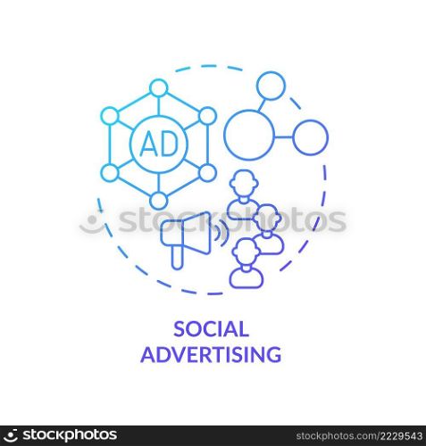 Social advertising blue gradient concept icon. Brand promotion. Reaching audience. Modern marketing trend abstract idea thin line illustration. Isolated outline drawing. Myriad Pro-Bold font used. Social advertising blue gradient concept icon