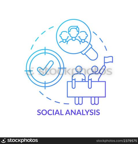 Social analysis blue gradient concept icon. Research of community issue. Social planning organizes abstract idea thin line illustration. Isolated outline drawing. Myriad Pro-Bold fonts used. Social analysis blue gradient concept icon