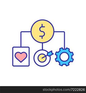 Social and economic development RGB color icon. Business focuses on profit and charity. Social entrepreneurship. Financial support. Isolated vector illustration. Simple filled line drawing. Social and economic development RGB color icon
