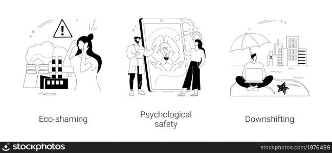 Social anxiety abstract concept vector illustration set. Eco-shaming, psychological safety, downshifting, simple living, minimal lifestyle, escape, internet shaming, propaganda abstract metaphor.. Social anxiety abstract concept vector illustrations.