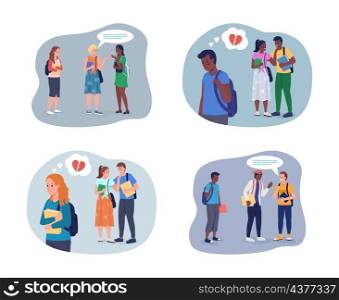 Social anxiety disorder in teen 2D vector isolated illustrations set. Shy teenager and talkative adolescents flat characters on cartoon background. Social interaction fear colourful scenes collection. Social anxiety disorder in teen 2D vector isolated illustrations set