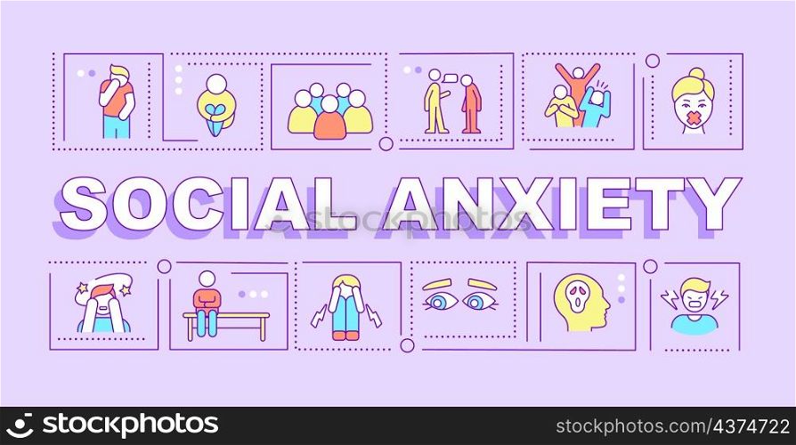 Social anxiety word concepts purple banner. Mental disorder. Infographics with linear icons on background. Isolated typography. Vector outline color illustration with text. Arial-Black font used. Social anxiety word concepts purple banner
