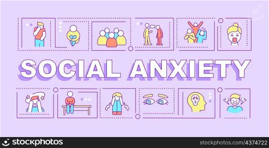 Social anxiety word concepts purple banner. Mental disorder. Infographics with linear icons on background. Isolated typography. Vector outline color illustration with text. Arial-Black font used. Social anxiety word concepts purple banner