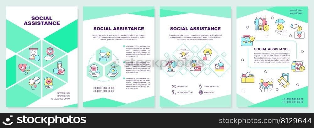 Social assistance brochure template. Services and programs. Leaflet design with linear icons. 4 vector layouts for presentation, annual reports. Arial-Black, Myriad Pro-Regular fonts used. Social assistance brochure template