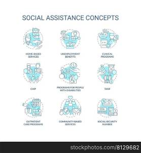 Social assistance turquoise concept icons set. Help for needy people. Support programs idea thin line color illustrations. Isolated symbols. Editable stroke. Roboto-Medium, Myriad Pro-Bold fonts used. Social assistance turquoise concept icons set