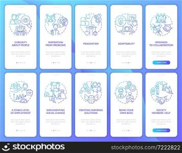 Social business blue gradient onboarding mobile app page screen set. Walkthrough 5 steps graphic instructions with concepts. UI, UX, GUI vector template with linear color illustrations. Social business blue gradient onboarding mobile app page screen set