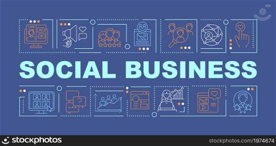 Social business navy word concepts banner. Enterprise type. Infographics with linear icons on cyan background. Isolated creative typography. Vector outline color illustration with text. Social business navy word concepts banner
