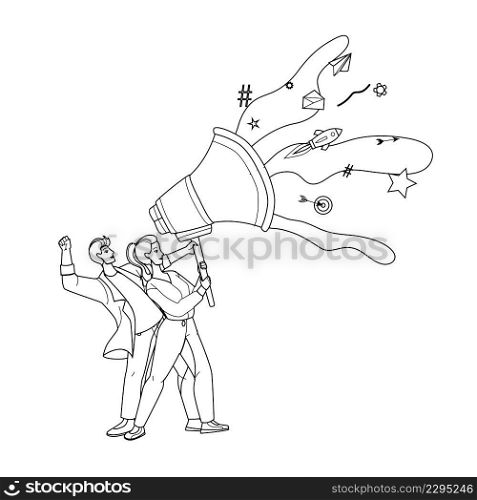 Social C&aign Marketing Manager Business Black Line Pencil Drawing Vector. Social C&aign Occupation Man And Woman, People Screaming In Loudspeaker For Advertising And Communication. Characters. Social C&aign Marketing Manager Business Vector