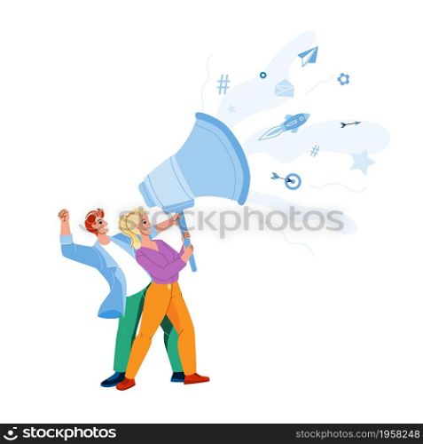 Social Campaign Marketing Manager Business Vector. Social Campaign Occupation Man And Woman, People Screaming In Loudspeaker For Advertising And Communication. Characters Flat Cartoon Illustration. Social Campaign Marketing Manager Business Vector