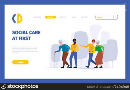 Social care landing. Support service for elderly persons serving seniors caregivers garish vector web page template for social care. Social help service, support elderly and assistance. Social care landing. Support service for elderly persons serving seniors caregivers garish vector web page template for social care