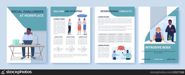 Social challenges at workplace flat vector brochure template. Flyer, booklet, printable leaflet design with flat illustrations. Magazine page, cartoon reports, infographic posters with text space. Social challenges at workplace flat vector brochure template