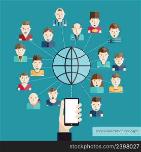 Social communication concept with people avatars globe and hand with mobile phone vector illustration
