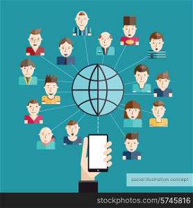 Social communication concept with people avatars globe and hand with mobile phone vector illustration