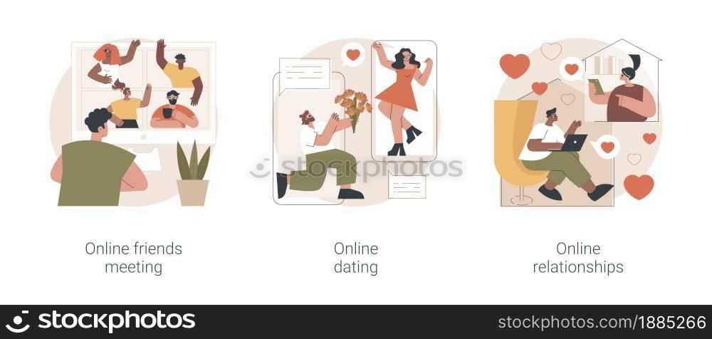 Social connection abstract concept vector illustration set. Online friends meeting, dating and relationships, video call, zoom conference, social distancing, leisure time, meeting abstract metaphor.. Social connection abstract concept vector illustrations.