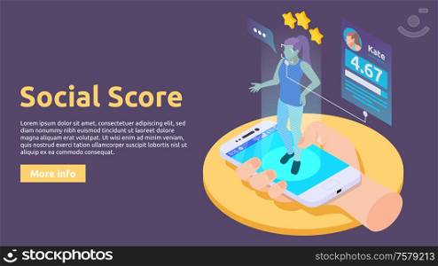 Social credit system isometric banner with composition of female character smartphone screen and personal rating information vector illustration
