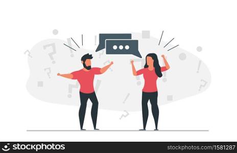 Social discussion of people. A man and a woman argue about different issues. Emotional conversation concept vector illustration