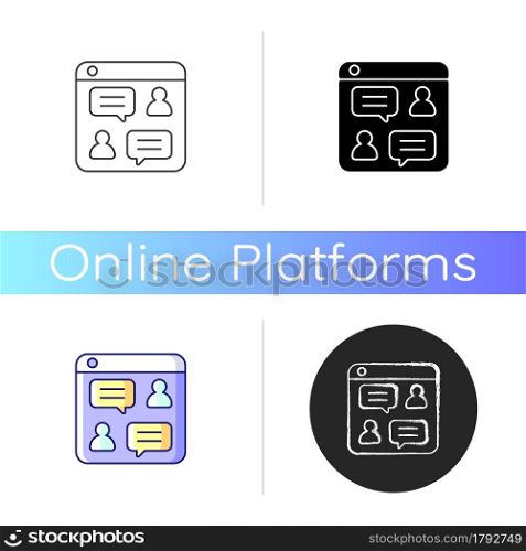 Social discussion platforms icon. Posting messages and questions on website. Chat rooms. Online forum. Holding conversations on board. Linear black and RGB color styles. Isolated vector illustrations. Social discussion platforms icon