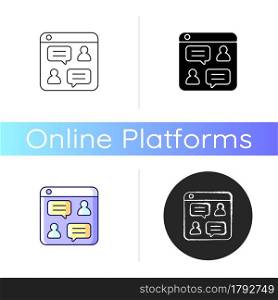 Social discussion platforms icon. Posting messages and questions on website. Chat rooms. Online forum. Holding conversations on board. Linear black and RGB color styles. Isolated vector illustrations. Social discussion platforms icon