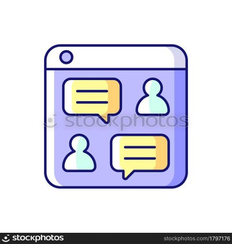 Social discussion platforms RGB color icon. Posting messages and questions on website. Chat rooms. Online forum. Holding conversations. Isolated vector illustration. Simple filled line drawing. Social discussion platforms RGB color icon