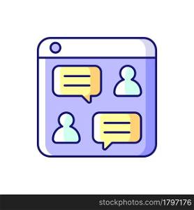 Social discussion platforms RGB color icon. Posting messages and questions on website. Chat rooms. Online forum. Holding conversations. Isolated vector illustration. Simple filled line drawing. Social discussion platforms RGB color icon